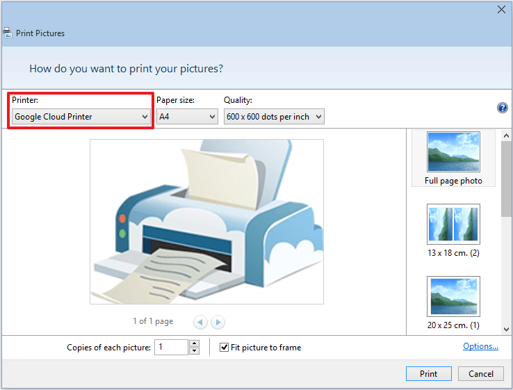 Выберите виртуальный принтер