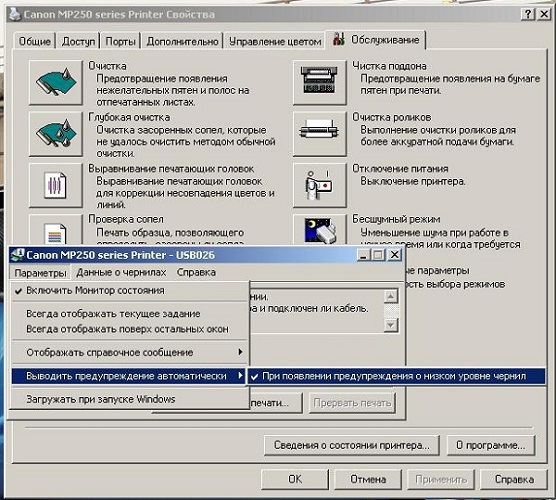 Функция контроля чернил