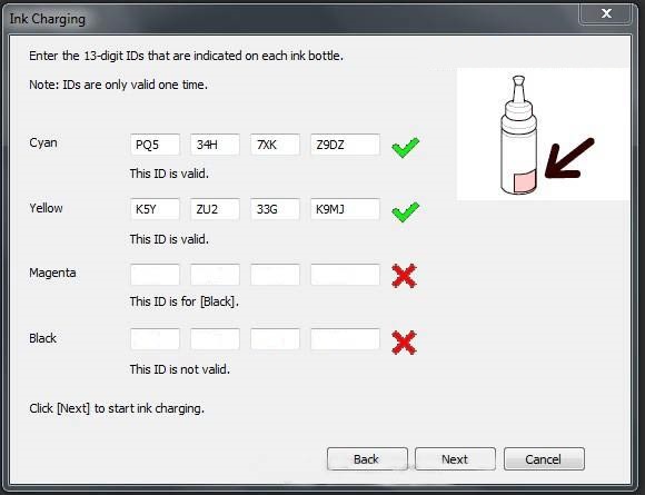 Окно программы для ввода кодов сброса чернил L100