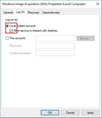 Разрешить сервису взаимодействовать с рабочим столом