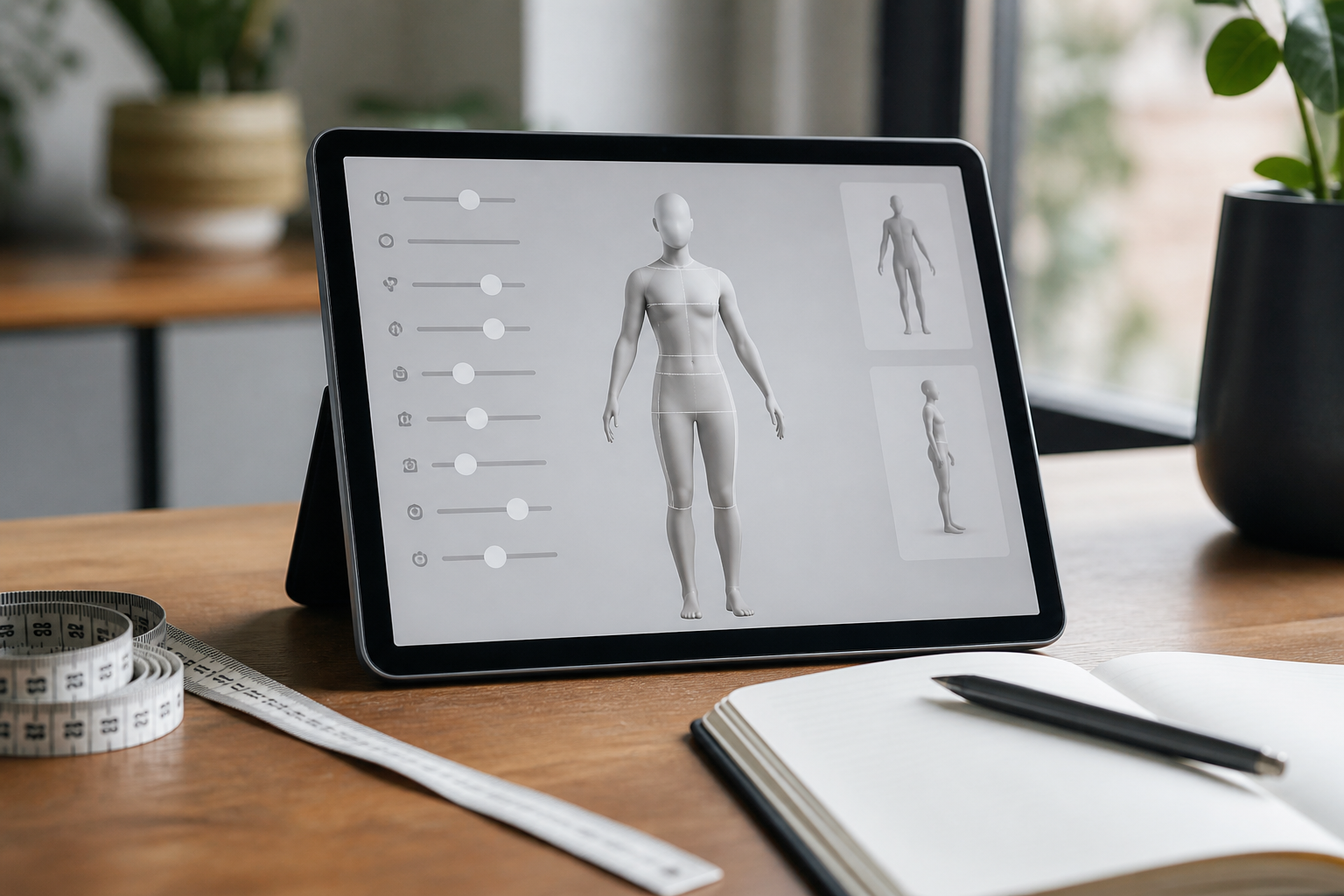 Интерфейс 3D-визуализации фигуры с измерительной лентой